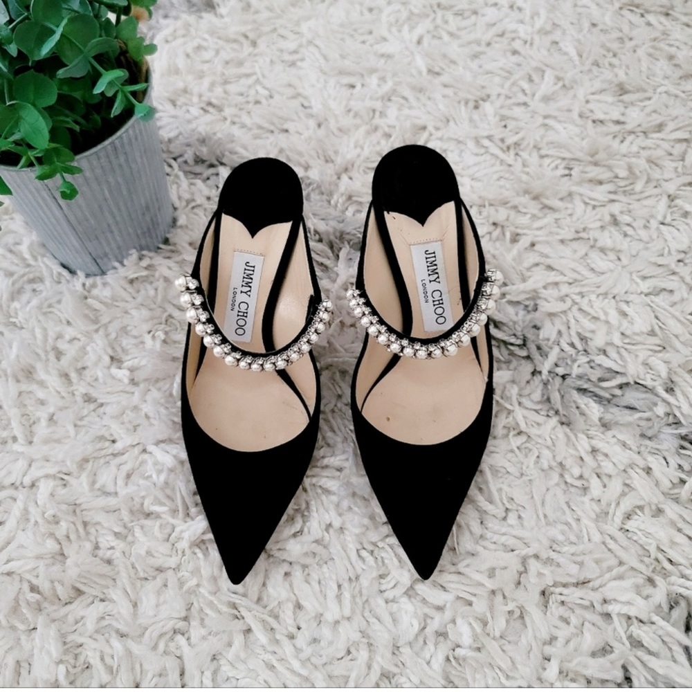 Jimmy Choo Bing 100 suede embellished pearl mules